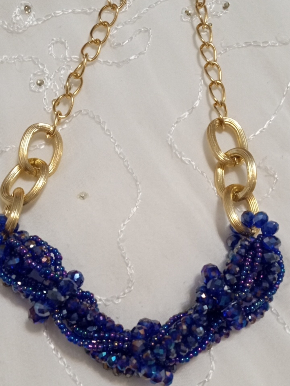 Gold-Chain Blue Beaded Statement Necklace - Unbranded